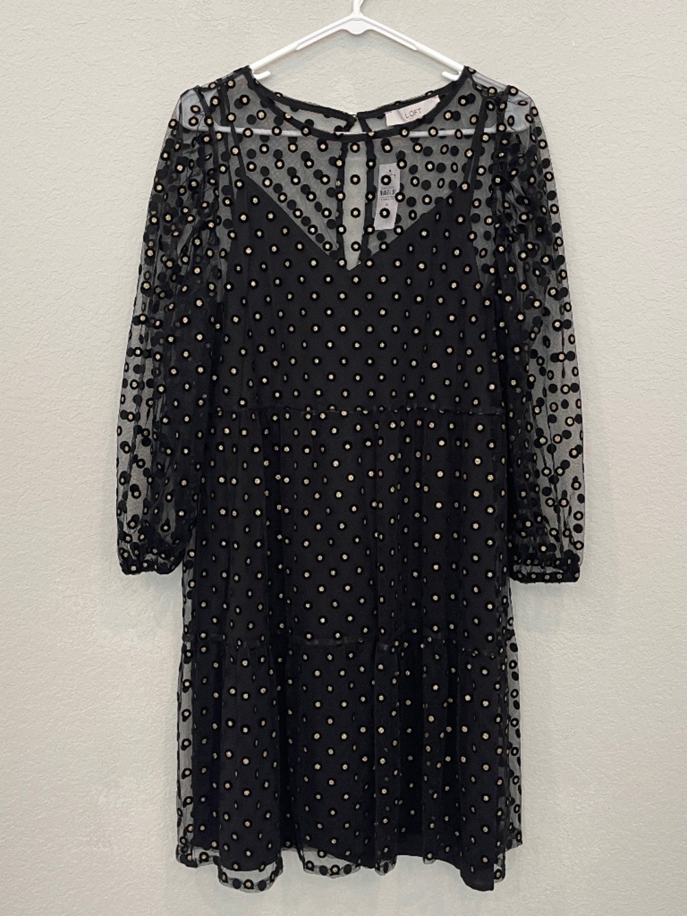 Loft Swing Dress Women's M Shimmer Dots Tiered Black Long Puff Sleeve Mini